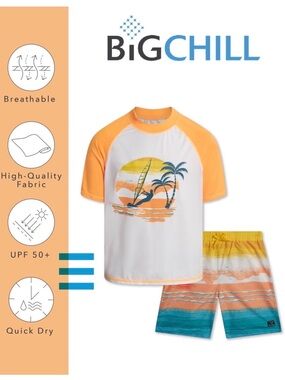 Big Chill Kids Orange & White Surf Sunset Rash Guard Set Size 5